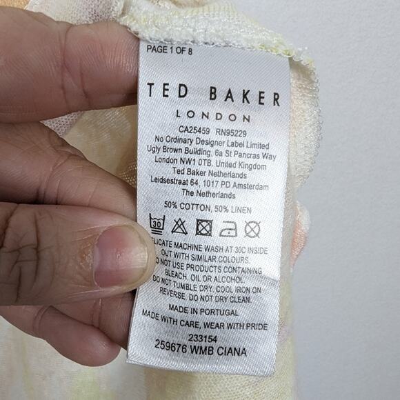 Ted Baker London Pink & Yellow Floral Print Linen Blend V-Neck Tee - Picture 7 of 7